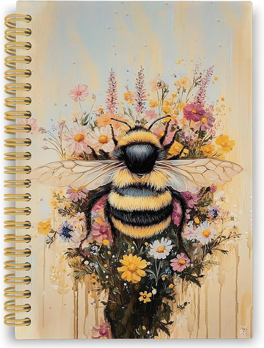 Vintage Bee Spiral Notebook, Retro Animal Bumble Honeybee Journaling Notebooks Gift for Teacher Student Women, Spring Flower Plant Hardcover Journals for School Office, 160 Pages 5.5 x 8.3 Inch