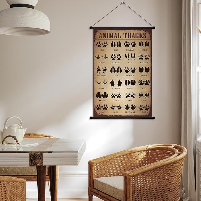 Geyee Animal Tracks Vintage Poster Wall Decor Forest Woodland Tracks Knowledge Picture Therian Field Guide Sign Prints Wall Art for Home Kitchen Office Living Room Bedroom Frame, 15.8 x 23.6 Inch