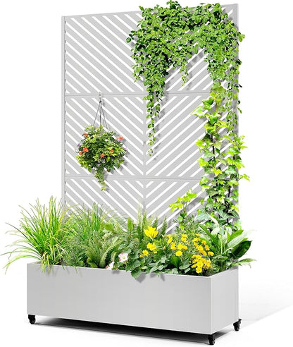Metal Raised Garden Bed with Trellis, 2-in-1 Planter Box & Privacy Screen for Climbing Plants, Outdoor Standing Flower Bed with Drainage Holes, 47.2" L x 16.7" W x 70.8" H, White-Parallel