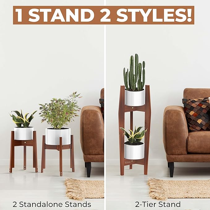 ROCCA 2-Tier Adjustable Width 8" to 12" Stackable Bamboo Tall Plant Stand Indoor, Corner Wood Plant Stand, Wooden Plants Holder, Plants Stands Indoor, Modern Pedestal Tables for Multiple Pots