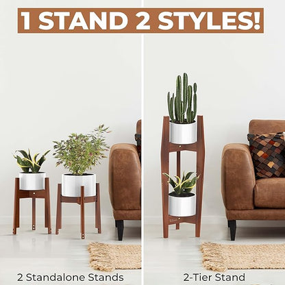 ROCCA 2-Tier Adjustable Width 8" to 12" Stackable Bamboo Tall Plant Stand Indoor, Corner Wood Plant Stand, Wooden Plants Holder, Plants Stands Indoor, Modern Pedestal Tables for Multiple Pots