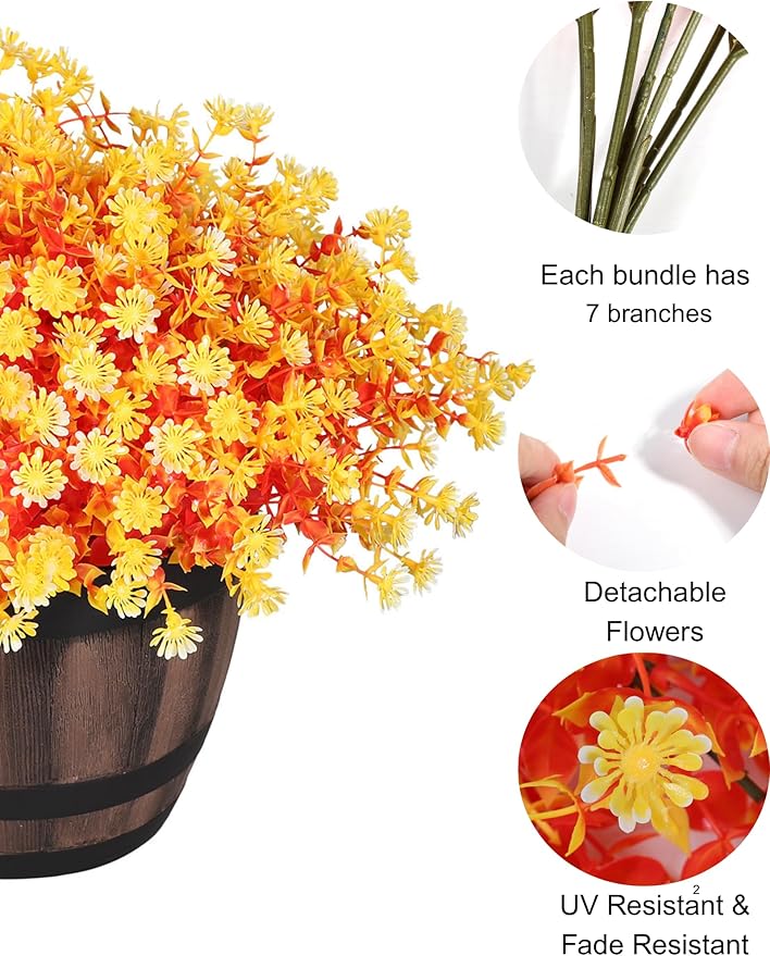 16 Bundles Artificial Flowers for Fall Outdoors Decoration - Fake Mums Faux Artificial Plants Plastic Flower No Fade for Harvest Halloween Thanks Giving Day Decor