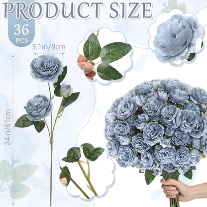 36 Bundles Artificial Flowers Peonies Roses Fake Bouquet for Wedding Bridal Shower Valentine's Day Decorations Fake Floral Arrangements Table Centerpieces Home Decor(Dusty Blue)
