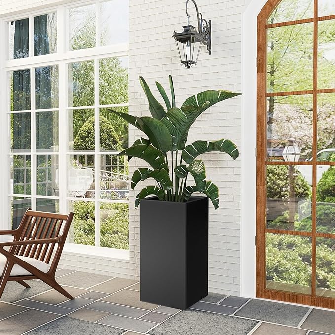Tall Metal Planter Box for Outdoor Plants 15" L x 15" W x 30" H 2 Pack, Heavy Duty Steel Planter Box with Removable Insert Shelf, Rectangular Planters for Porch, Garden, Yard, Hotel (Black)