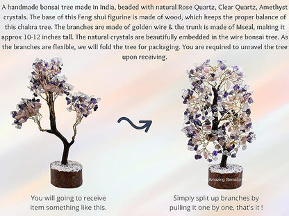 Large Amethyst Rose Quartz Clear Quartz Natural Healing Premium Crystal Bonsai Feng Shui Fortune Money Tree of Life for Home Office Decor Gift Box Ready