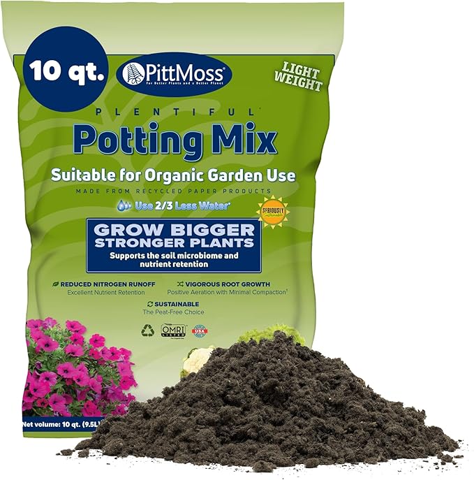 PittMoss Plentiful Eco-Friendly, Organic, Peat-Free Potting Mix, 10 Quarts - for Gardens, Houseplants, Mulching & More - Made in USA from Recycled Paper
