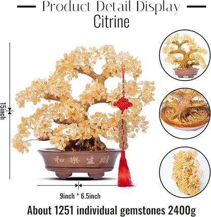 Natural Large Citrine Tree,14"Feng Shui Money Tree(1251 Gemstone Count)Citrine Crystal Tree for Abundance Prosperity Success Fortune Decoration Tree Bonsai for Home & Office Good Luck Wealth