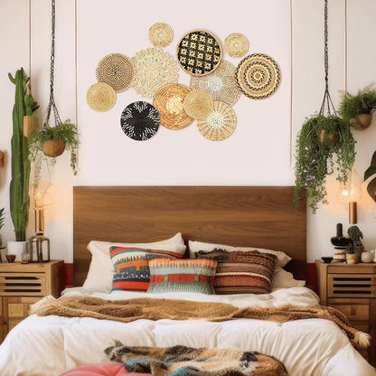 Glenmal Set of 13 Boho Wall Basket Decor Woven Rattan Flat Baskets Handmade Boho Wicker Bamboo Seagrass Wall Hanging Decor for Bedroom Living Room Dining Room Office Ready to Hang(Retro)