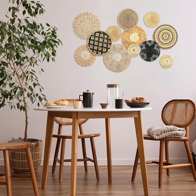 Glenmal Set of 13 Boho Wall Basket Decor Woven Rattan Flat Baskets Handmade Boho Wicker Bamboo Seagrass Wall Hanging Decor for Bedroom Living Room Dining Room Office Ready to Hang(Retro)