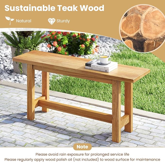 Tangkula Outdoor Teak Wood Bench, Patio Dining Bench Seat, Wooden Garden Bench, 2-Person Loveseat Seating for Porch, Backyard and Poolside (2,Natural)
