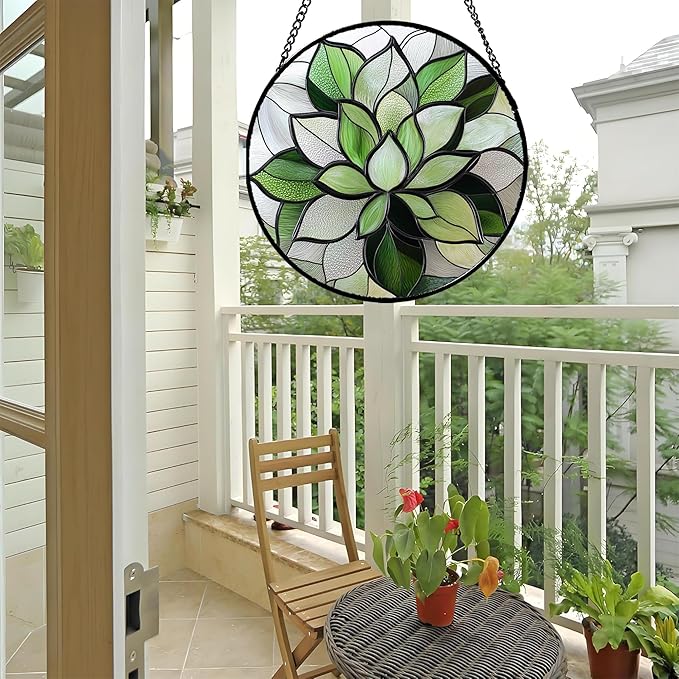 Stained Glass Window Hanging - Ireland Green Plants Suncatcher for Doors Garden Succulent Sun Catchers Decor Mother's St. Patrick's Day Birthday for Women Men Mom Nana 9.8 in
