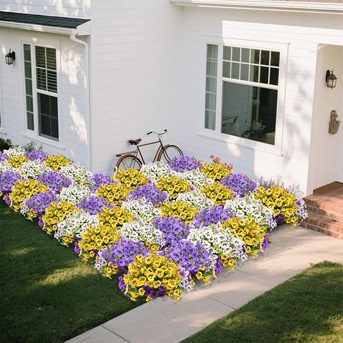 18 Bundles Artificial Flowers for Outdoor, UV Resistant Fake Pansy Flowers, Silk Faux Fowers for Outdoor Planters Home Garden Office Patio Front (Yellow/Purple/White)