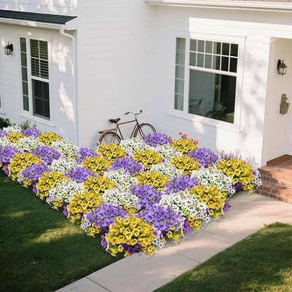18 Bundles Artificial Flowers for Outdoor, UV Resistant Fake Pansy Flowers, Silk Faux Fowers for Outdoor Planters Home Garden Office Patio Front (Yellow/Purple/White)
