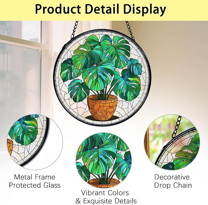 TNUW Monstera Plant Stained Glass Window Hanging, Monstera Leaf Decor Sun Catchers Indoor Window Glass Round Wall Art Decor, Plant Lovers Gifts Wall Hanging Decorations, 7.9＂x7.9＂Green Patio，Lawn,