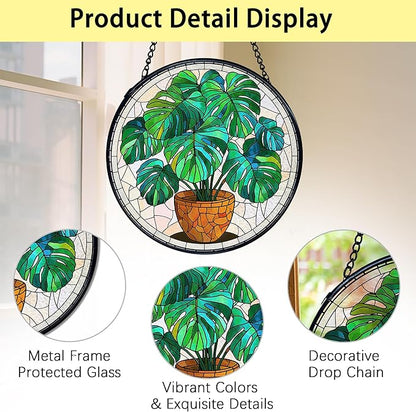 TNUW Monstera Plant Stained Glass Window Hanging, Monstera Leaf Decor Sun Catchers Indoor Window Glass Round Wall Art Decor, Plant Lovers Gifts Wall Hanging Decorations, 7.9＂x7.9＂Green Patio，Lawn,