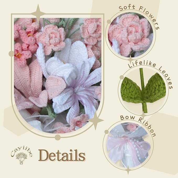 Tulip Crape Myrtle Peruvian Lily Pink White Crochet Flowers Bouquet Handmade Knitted Artificial Flowers Home Decor