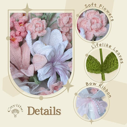 Tulip Crape Myrtle Peruvian Lily Pink White Crochet Flowers Bouquet Handmade Knitted Artificial Flowers Home Decor