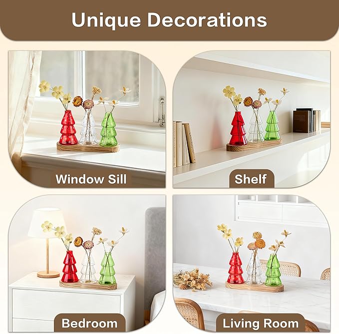 Plant Propagation Stations with Vintage Wooden Pallet,Tricolor Christmas Tree Glass Vase for Plants with DIY Sticker Decoration and Cleaning Brush,Thoughtful and Elegant