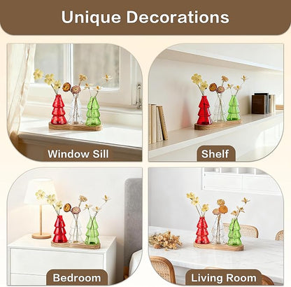 Plant Propagation Stations with Vintage Wooden Pallet,Tricolor Christmas Tree Glass Vase for Plants with DIY Sticker Decoration and Cleaning Brush,Thoughtful and Elegant