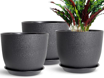 10 Inch Planting Pots Set of 3, Outdoor Planters for All House Plants Black Plastic Flower Pots Modern Decorative Garden Pot with Saucer