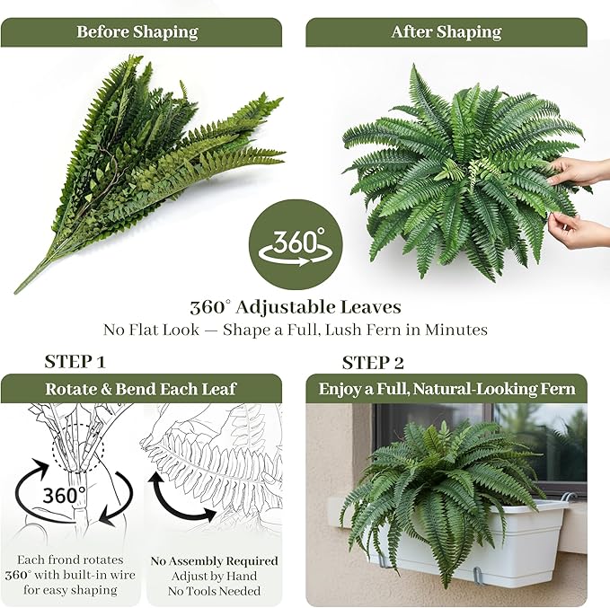 KOL 2-Pack 45in Artificial Boston Ferns, Green Large Faux Fern Bushes with Bendable Stems for Hanging or Floor Display, Living Room Wedding Indoor Outdoor Decor