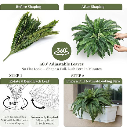 KOL 2-Pack 45in Artificial Boston Ferns, Green Large Faux Fern Bushes with Bendable Stems for Hanging or Floor Display, Living Room Wedding Indoor Outdoor Decor