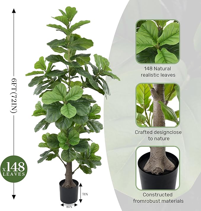 Artificial Fiddle Leaf Fig Tree 6FT(72in) Tall Faux Tree with Large Realistic Trunks and Big Leaves, Fake Floor Potted Artificial Plants for Home Office Garden Indoor Decor (6feet,1Pack)