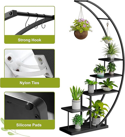 JACK&JULIA Plant Stand, Moon 5 Tier Tall Metal Plant Shelf with 3 Hooks, Large Curved Shape Rack Plant Holder for Living Room, Garden, Patio, Balcony