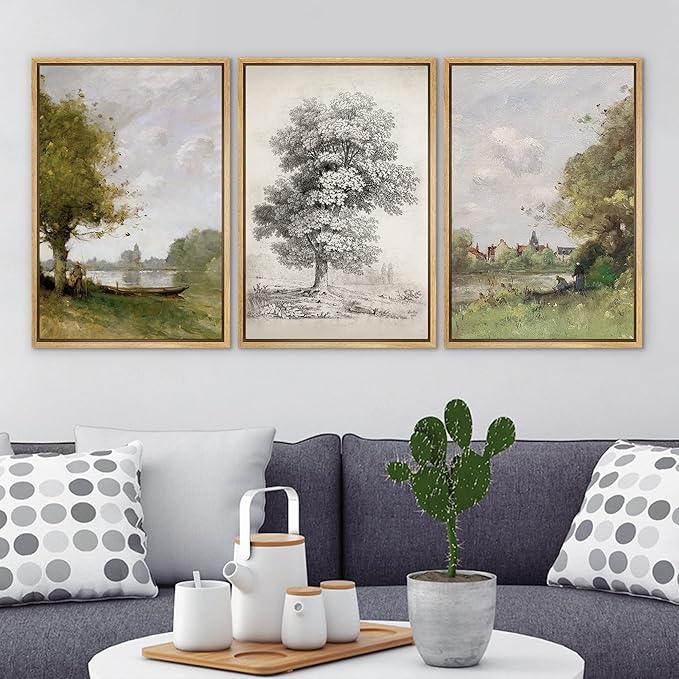 Ashbrook Framed Canvas Print Wall Art Set Forest Tree Field Nature Wilderness Illustration Fine Art Decorative Floral Botanical Garden Vintage for Living Room, Bedroom, Office - 24"x36"x3 Natural