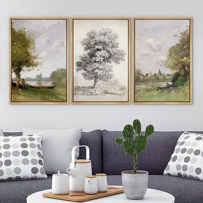 Ashbrook Framed Canvas Print Wall Art Set Forest Tree Field Nature Wilderness Illustration Fine Art Decorative Floral Botanical Garden Vintage for Living Room, Bedroom, Office - 16"x24"x3 Natural