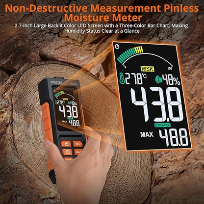 Proster Pinless Moisture Meter with Alarm - Non-Destructive Wood Moisture Tester for Walls, Flooring, Lumber | 20mm Depth, VA Color Screen, Acoustic Alert, 4 Modes (Drywall, Mortar, Hard/Softwood)