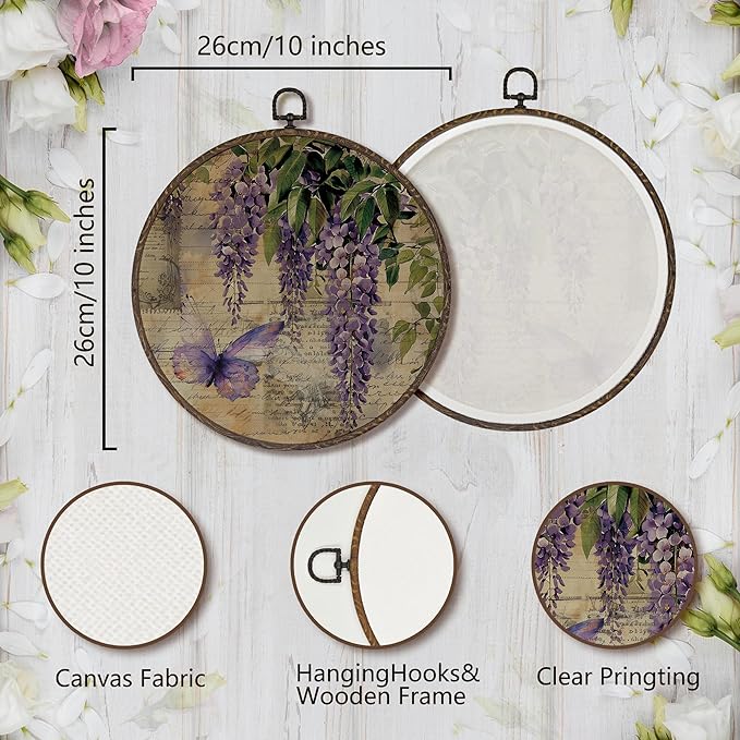 XNXLDYLH Vintage Wisteria Flower Round Framed Wall Art Decor, Purple Retro Earthy Floral Bathroom Hanging Wall Decor Decorations, Botanical Floral Canvas Prints Wall Art Pictures Paintings, 10x10 Inch