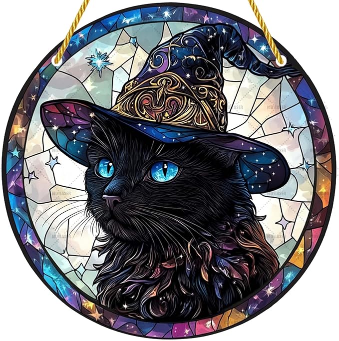 Acrylic Window Hanging Black Cat Wizard Stained Panel Window Decoration for Halloween Decorations Outdoor Indoor Garden Yard Home Halloween Decor 12 Inch