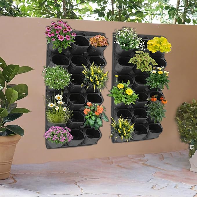Wall-Mounted Flower Pot Holder for Indoor Outdoor Use on Balcony, Patio, Garden (36-Slot Black)