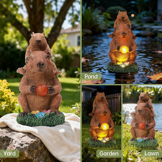 Capybara Solar Garden Statue – Funny Outdoor Resin Animal Decor – Weatherproof Yard Lawn Ornament with LED Light Figurine for Patio, Porch, Landscape Housewarming