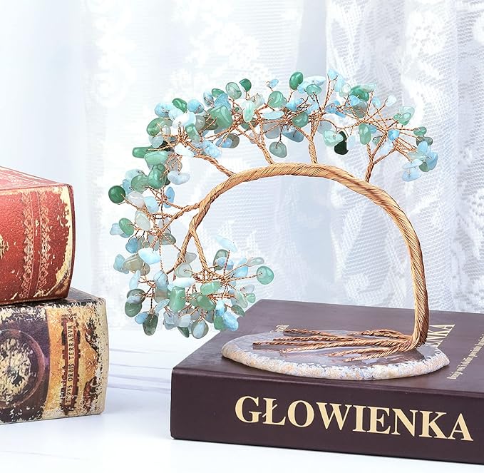 mookaitedecor Green Aventurine & Aquamarine Crystal Money Tree Agate Slice Base Feng Shui Bonsai Crystal Tree for Wealth Luck Desk Decor, 4.5-5.2 Inch High