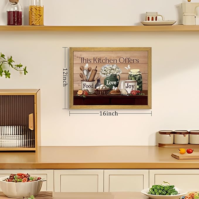 Vintage Kitchen Pictures Wall Decor, Country Kitchen Food Still Life Wall Art, Dining Room Decor Oil Painting, Canvas Prints Picture For Dining Room Kitchen Home Decor 12x16 Inch Wood Framed