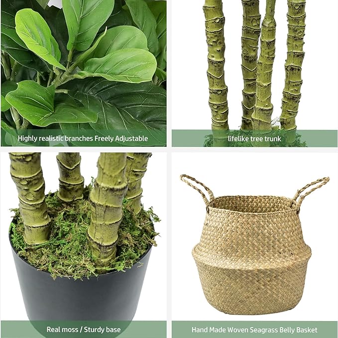 ROOMTEC Artificial Fiddle Leaf Fig Tree,6 FT Tall Artificial Tree with Woven Seagrass Plant Basket Fake Floor Plant in Pot for Home Decor Living Room Indoor Outdoor Office Bedroom Decor