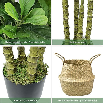 ROOMTEC Artificial Fiddle Leaf Fig Tree,6 FT Tall Artificial Tree with Woven Seagrass Plant Basket Fake Floor Plant in Pot for Home Decor Living Room Indoor Outdoor Office Bedroom Decor