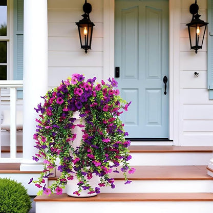 2 Packs Artificial Hanging Fake Flowers for Outdoors UV Fade Resistant Plastic Faux Plants Outside 30 inch 132 Stems Daisy Eucalyptus for Gardens Patio Porch Yard Indoor Home Decorations