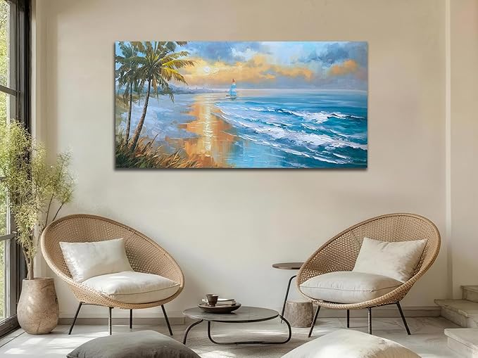 Enartly 3D Textured Seascape Wall Art for Living Room, Ocean Nature Coconut Tree Landscape Canvas Painting Artwork Framed Bedroom Bathroom Hallway Home Office Wall Decor, 40"x20"