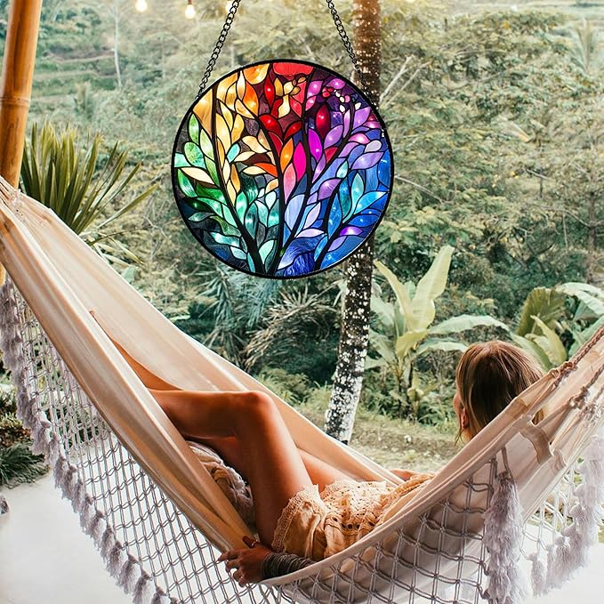 Stained Glass Window Hanging Colorful Dreamy Plant Branches Leaves 6.3" - Suncatcher Door Garden Sun Catcher Home Decor Birthday Christmas for Mom Men Woman Nana