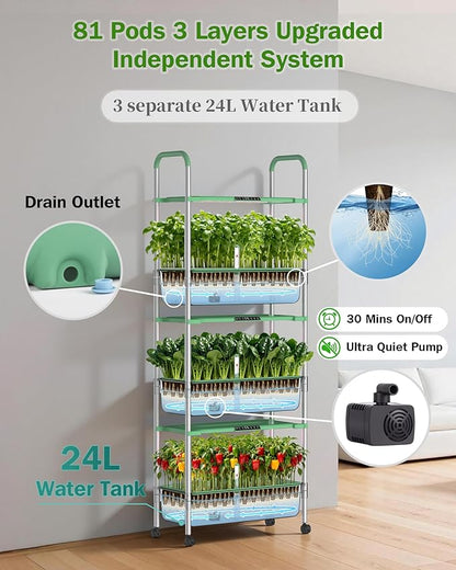Large Hydroponics Growing System Kit, Vertical Indoor Herb Garden Kit with LED Grow Light & Independent Water Pump, 42L Movable Indoor Planter Perfect Gardening Gifts (3 Tier-81 Pods Green)