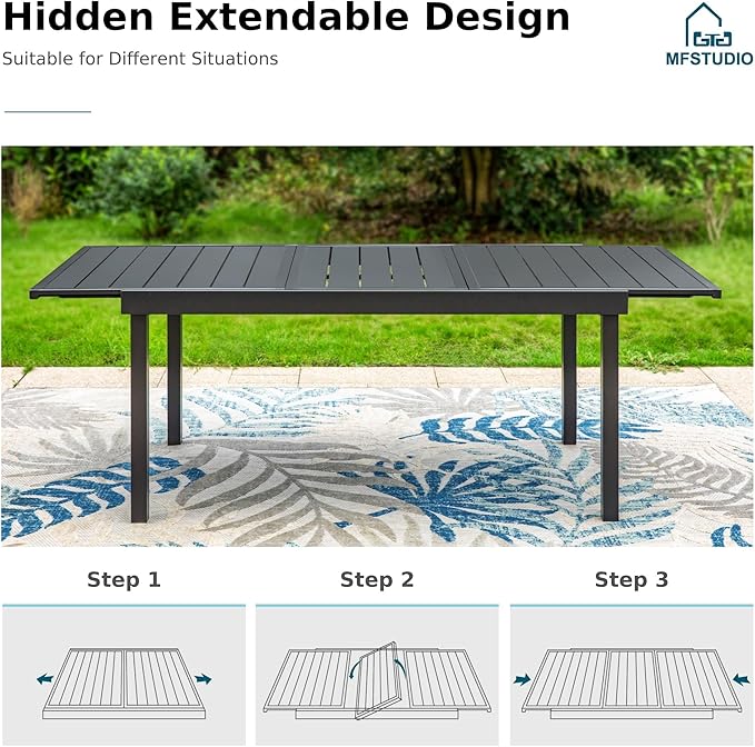 MFSTUDIO Patio Dining Set for 8, Outdoor Dining Set with Expandable Table and Swivel Chairs, 9 Piece Patio Table and Chairs Set for Deck/Backyard/Poolside/Garden