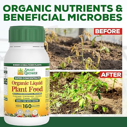 Organic Liquid Plant Food for Indoor Plants & Gardens, Natural NPK Fertilizer w/Beneficial Microbes, Rapid Results, Vegan, Best Value Super Concentrate, Smart Grower, Makes 160 Gallons (32 Fl Oz)