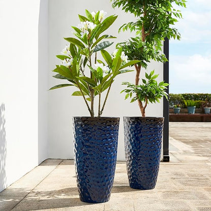 Glitzhome 23.75" H Oversized Tall Planter,Modern Set of 2 Honeycomb Textured Gradient Cobalt Blue Round Garden Plant Pots with Drainage Holes Flower Containers for Indoor Outdoor,Front Porch,Patio