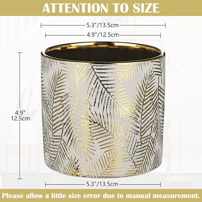 Oairse Small Ceramic Pot for Indoor Plants, 5.3 inch Plant Pot with Drainage Hole Decorative Texture Gold Planter Indoor Outdoor Flower Pots for Succulent Snake Plant Pothos Orchid