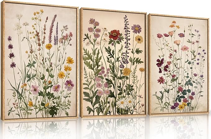 Vintage Wildflower Watercolor Framed Canvas Wall Art Set, Retro Flower Botanical Wall Decor, Colorful Floral Wall Painting, Flower Illustration Art Prints for Living Room, Bedroom 16"x24"x3