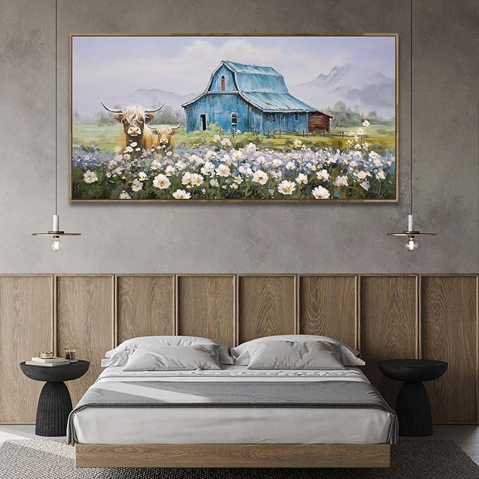 Anolyfi Highland Cow Farmhouse Wall Dceor for Living Room, Barn Picture Wall Decor for Bedroom Dining Room Office Hallway Home Decor, Framed 40"x20"
