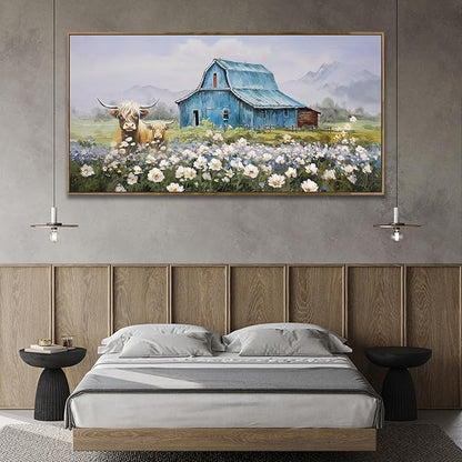 Anolyfi Highland Cow Farmhouse Wall Dceor for Living Room, Barn Picture Wall Decor for Bedroom Dining Room Office Hallway Home Decor, Framed 48"x24"